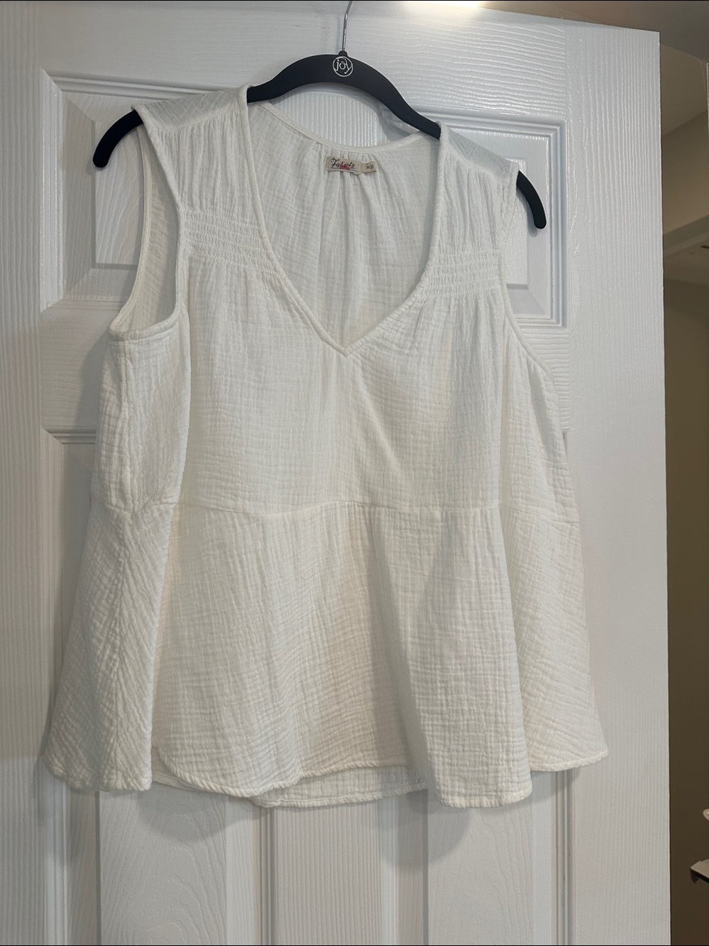 Faherty Cotton Gauze V-Neck Sleeveless Tank. Gathers at chest and back.